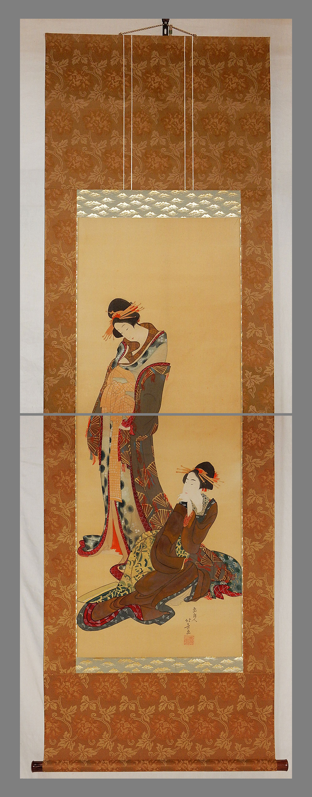 211-555cm模写 葛飾北斎 山水人物画 肉筆 掛軸 江戸時代 - 工芸品