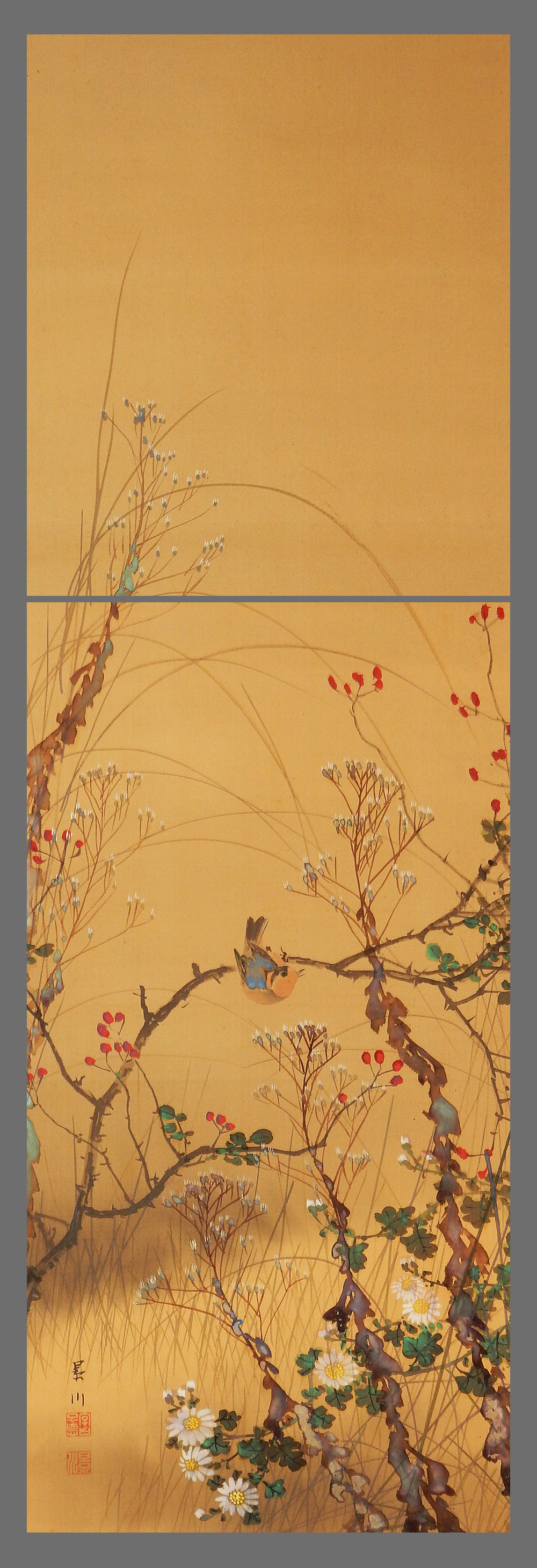 新作登場，100%新品 【真作】□芝景川□秋草図□肉筆□掛軸□掛け軸