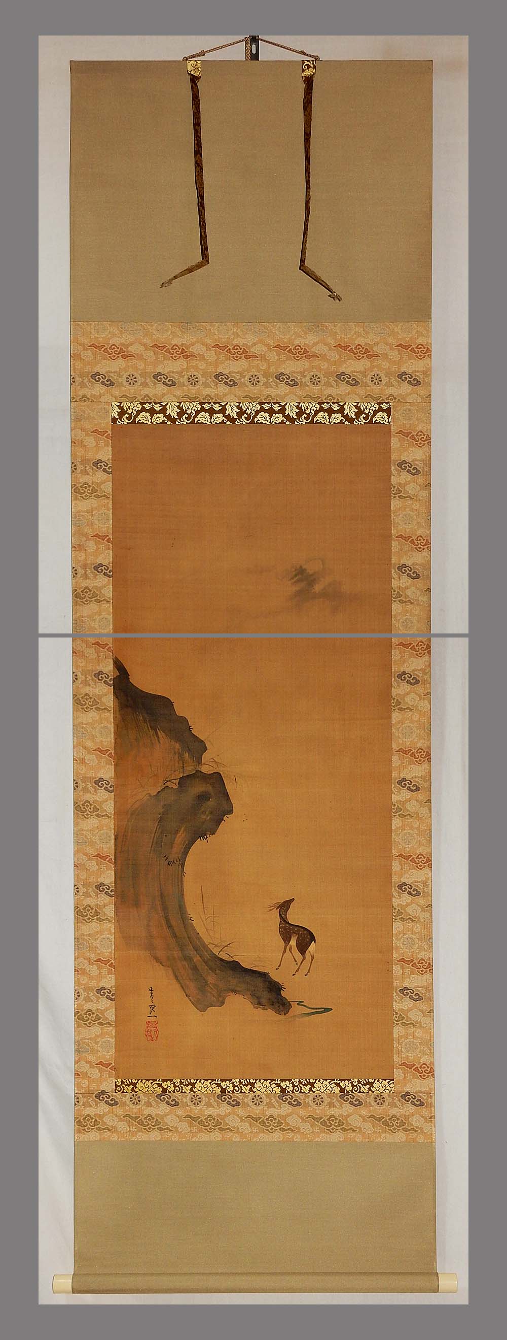 新色入荷■青々其一■月下鹿之図■近代日本画の先駆的な絵師■肉筆■掛軸■掛け軸■日本画■ 花鳥、鳥獣