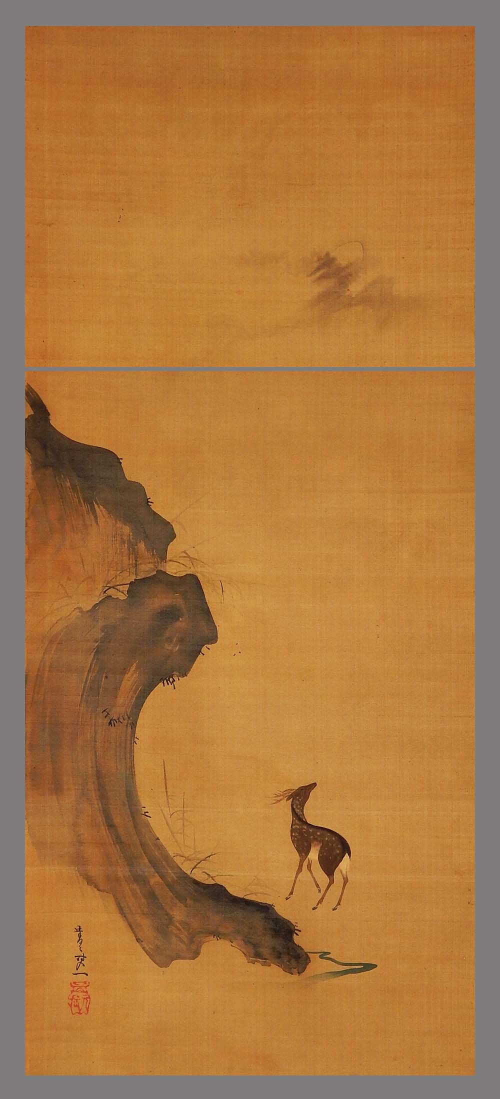 新色入荷■青々其一■月下鹿之図■近代日本画の先駆的な絵師■肉筆■掛軸■掛け軸■日本画■ 花鳥、鳥獣