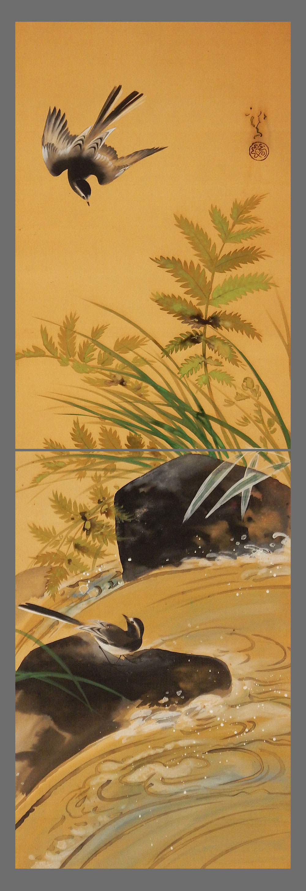 真作】□川端龍子□渓流小禽図□日本画家/俳人□肉筆□掛軸□掛け軸